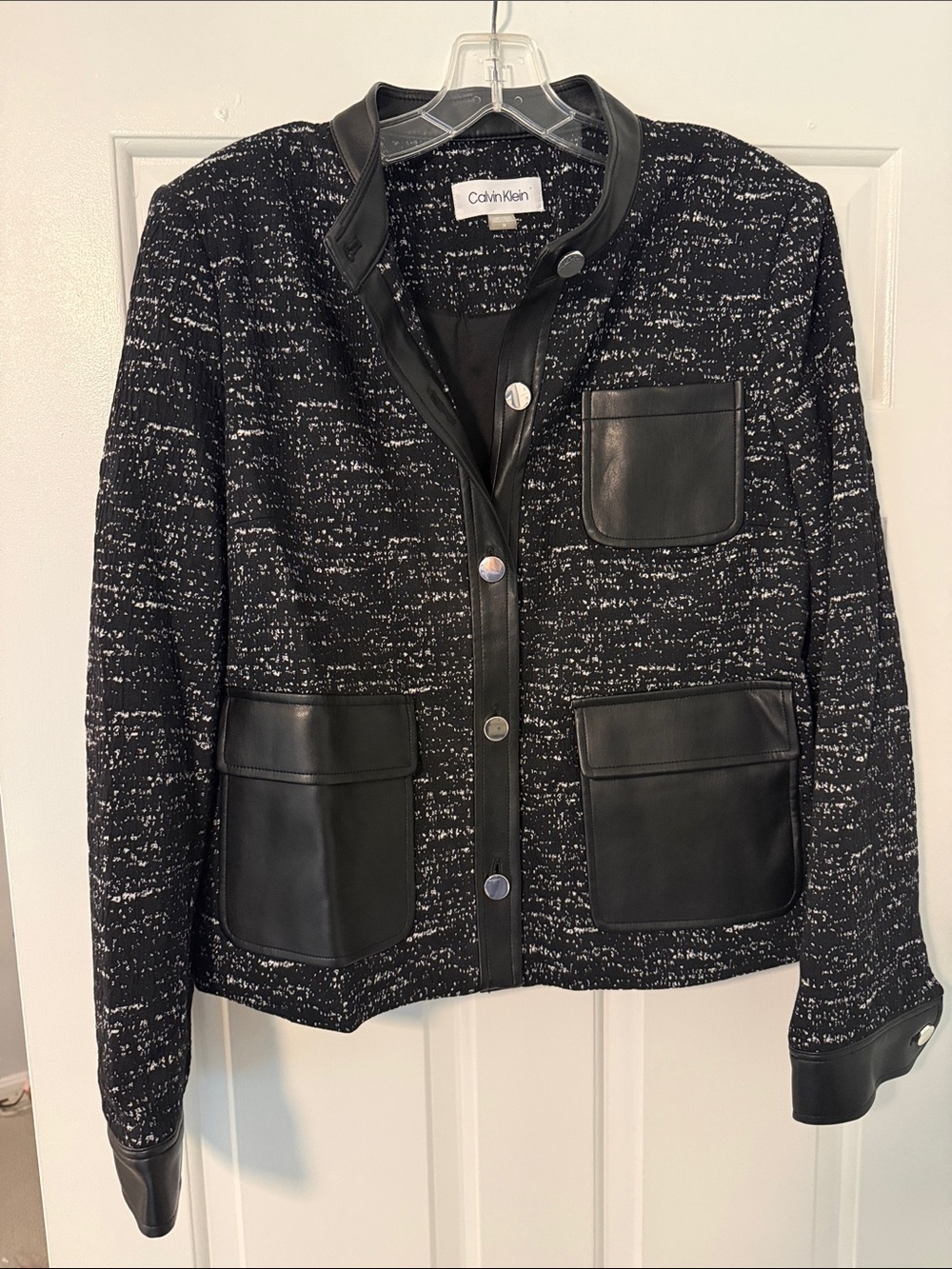 Calvin Klein Black Tweed Jacket with Leather Trim